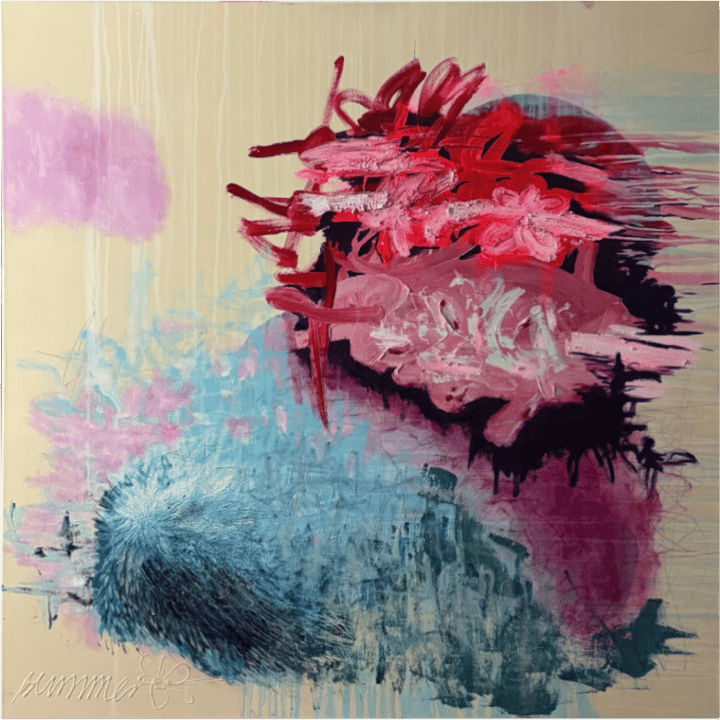 Original acryl, ölpastell, pigmente being offline, being present, Red — "Offline Hour" · 120 × 120 cm by Nina Kipper