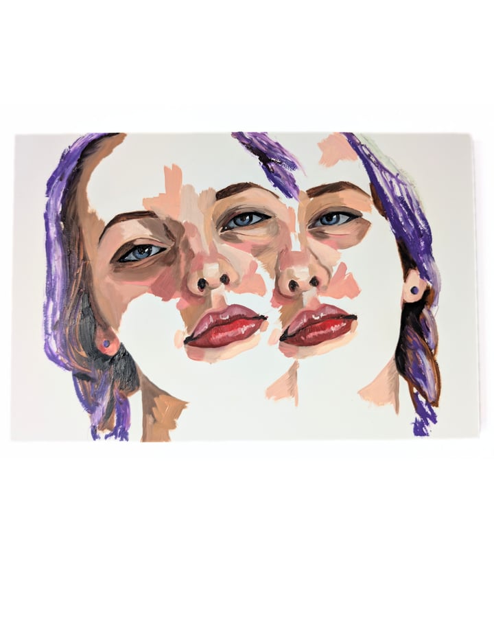 Original oil on board Portrait, Purple — "Breaking Apart" · 30.5 × 20.3 cm by Kathryn Rose Art