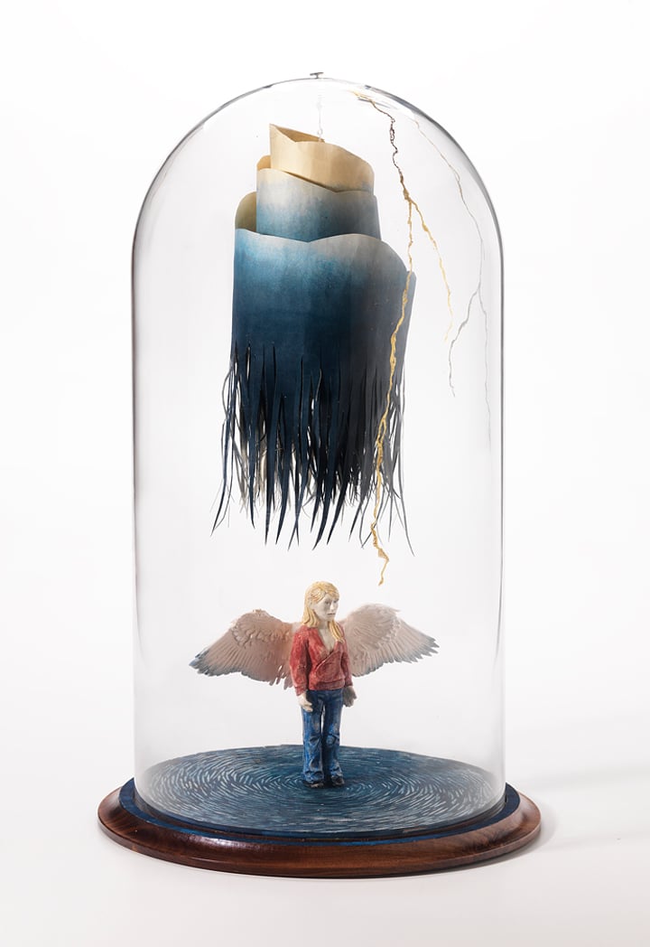 Original ceramic, paper, wire, gouache, and gold leaf landscape, Blue — "Flying Home" · 30.5 × 61.0 cm by Leigh craven