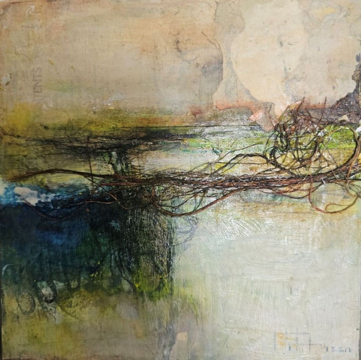 Original mixed media Landscape, Green — "Mortlake" · 20 × 20 cm by Maureen Grayson
