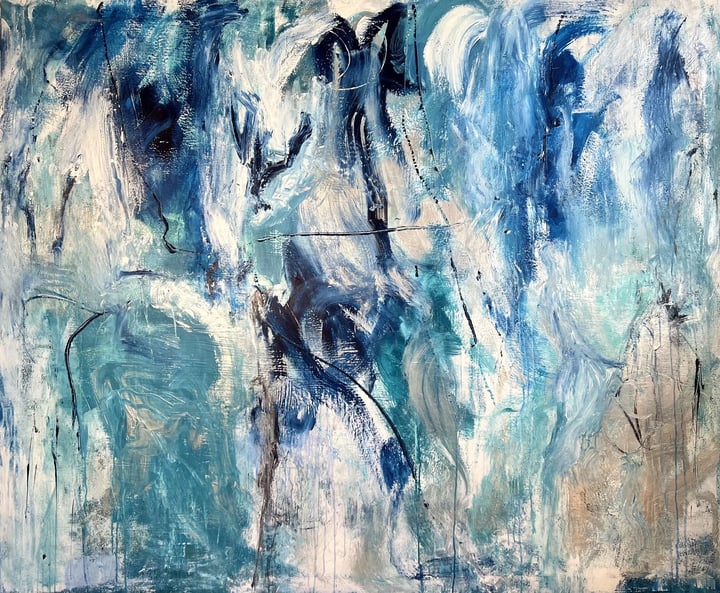 Original acrylic and oil sticks abstract — "LOST IN BLUE" · 200 × 165 cm by Monica Maja Richardson