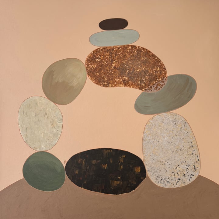Original acrylic Landscape, Green — "STILL BALANCE - Teamwork" · 100 × 100 cm by Min Ray
