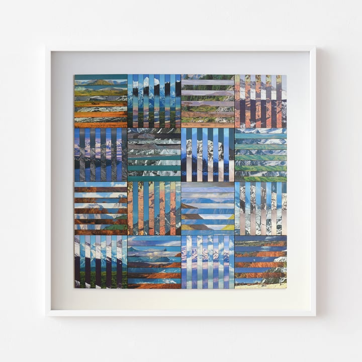 Original mountain & landscape imagery, paper, birch wood, landscape, Blue — "Between" · 80 × 80 cm by Amelia Coward