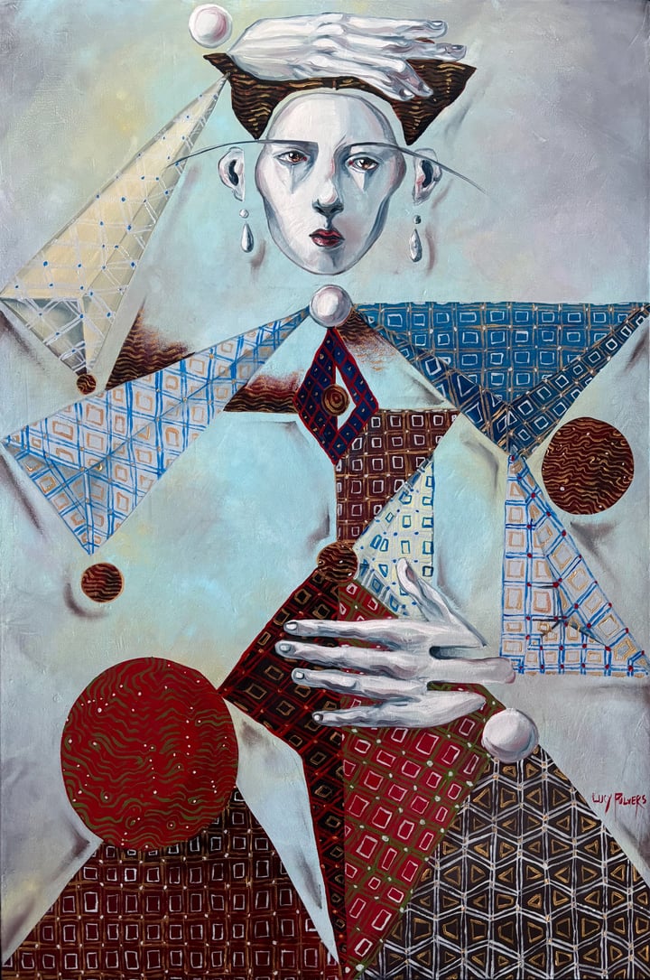 Original framed oil on canvas Mythology, Genre, Figurative, Blue — "Pythia" · 63 × 93 cm by Lucy Pulvers