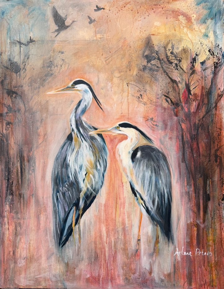 Original acrylic & oil Wildlife, Orange — "In Quiet Company" · 61.0 × 76.2 cm by Arlene Peters