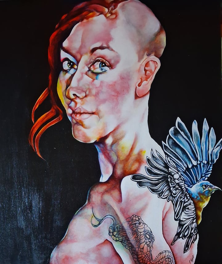 Original acrylic on canvas Woman, Black — "We Want To Fly" · 51 × 58 cm by Tracy Watt