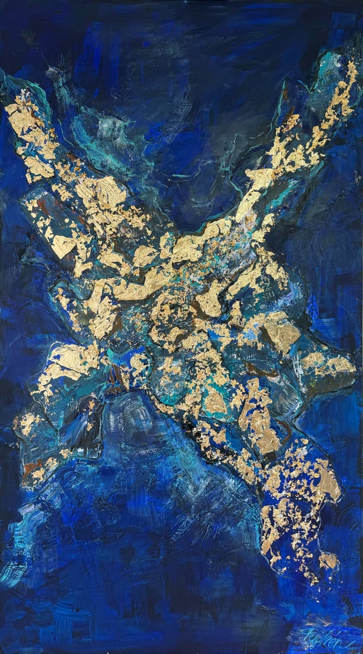 Original acrylic paint, collage, gold foil Abstract — "Unstoppable" · 100 × 180 cm by Iren Puj