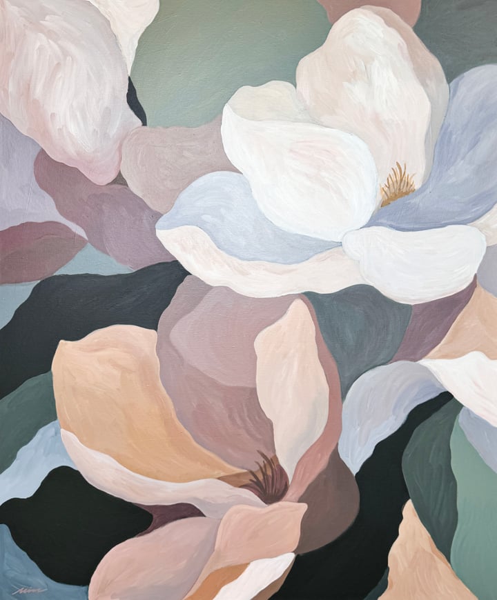 Original acrylic Botanical, Earth Tones — "QUIET BLOOM - Between Seasons" · 100 × 120 cm by Min Ray
