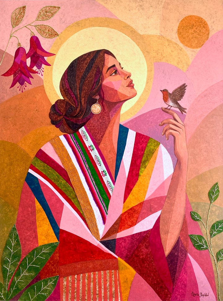 Original acrylic, recycled jute, embroidery and aguayo textile Women, emotions, Warm Tones — "Opening my Wings" · 76 × 102 c…