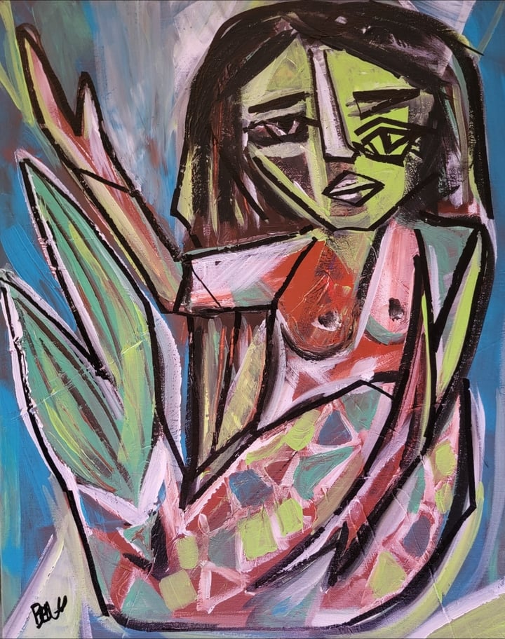 Original acrylic Mermaid, Green — "Serena Verde" · 254 × 5.1 cm by Bianca Castillo-Neill
