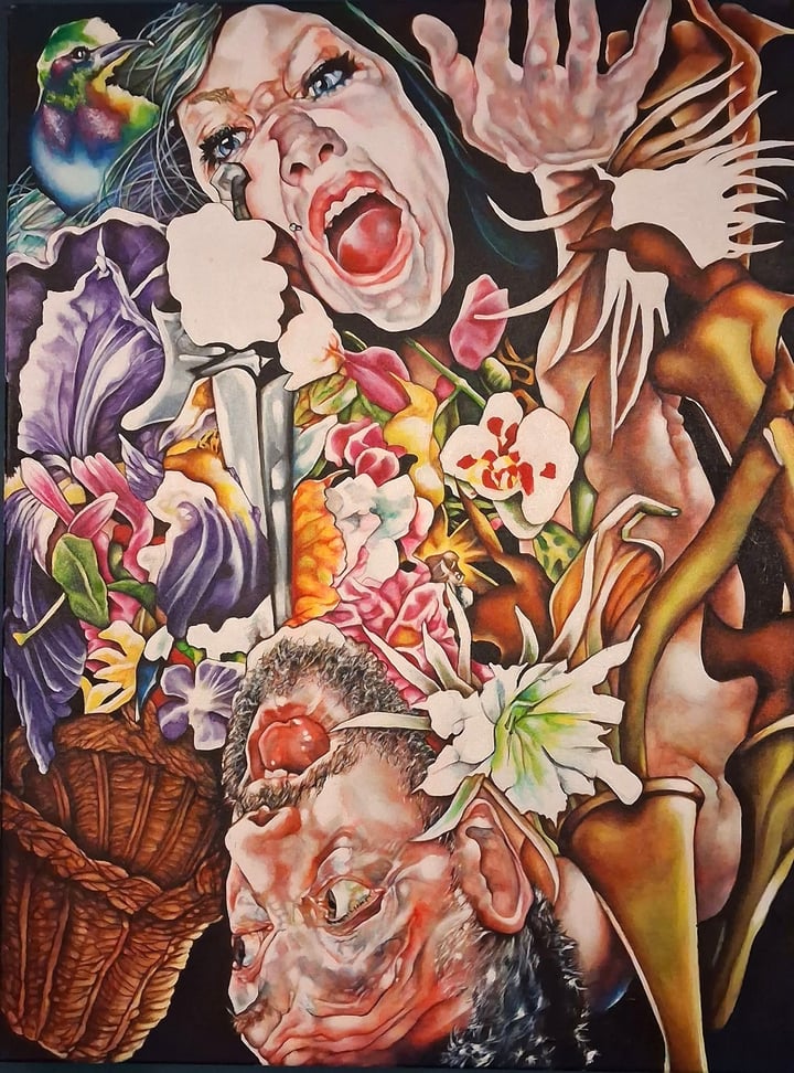 Original acrylic Portrait, Multi-Colour — "Judith Produces Flowers" · 60 × 80 cm by Tracy Watt