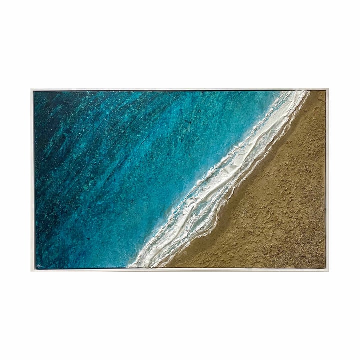 Original acrylic paint, surfboard fibreglass offcuts, sand Seascape, Blue — "Moments on the Shoreline" · 153 × 92 cm by Gemm…