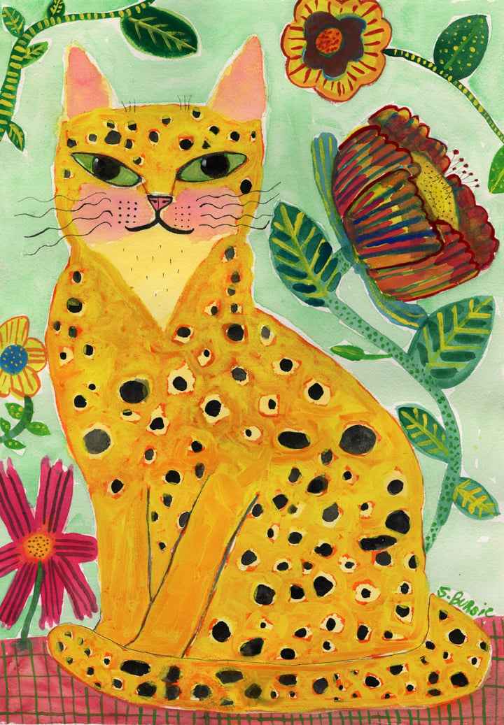 The spotted Cat with floral background
