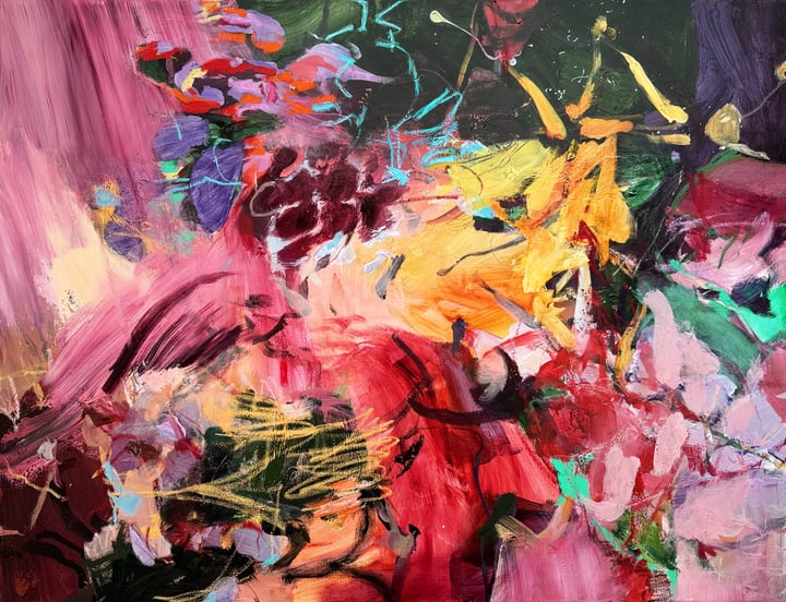 Original acrylic, oil pastel Botanical, Floral, Red — "Color Before Language" · 89 × 116 cm by Anna Rolskaya