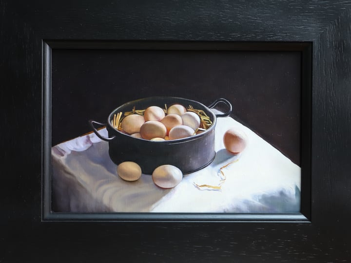 Original oil on board Still life, eggs, food, kitchen, Muted Tones — "Eggs in Sunlight" · 20 × 30 cm by Tracy Goldfinch Elson