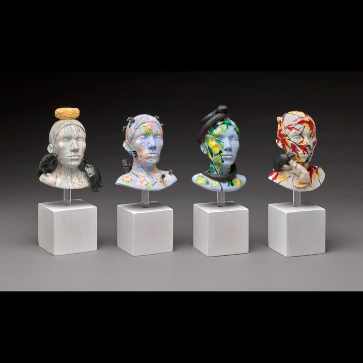 Original ceramic with underglaze, glaze, wire Landscape, Blue — "Foreshadow (The Four Seasons)" · 10.2 × 23.9 cm by Leigh cr…
