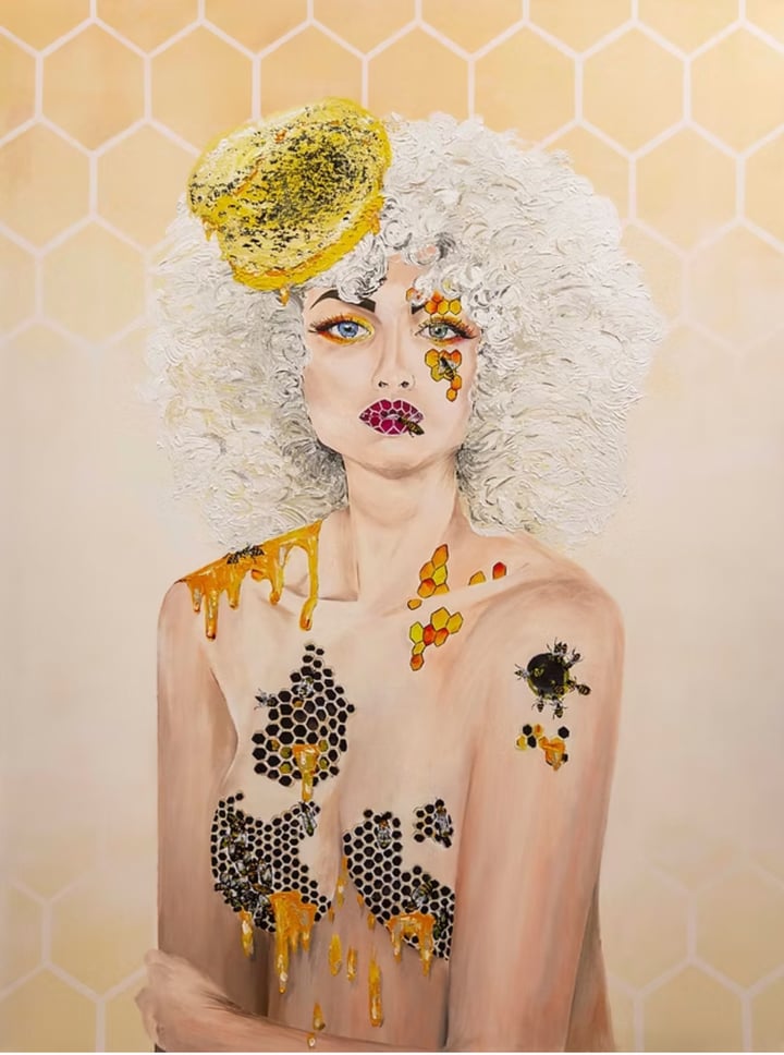 Original acrylic on canvas portrait, figurative, bee, hive, beauty, woman, Cream / Beige — ""I" re-imagined: I've got the hi…