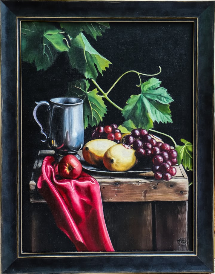 Original oil on board Still life, fruit, pewter, silk, Multi-Colour — "Fruit, Silk and Pewter Tankard" · 30 × 40 cm by Tracy…