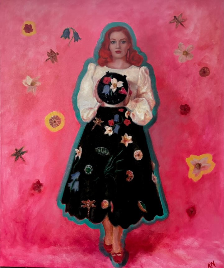 Original oil on canvas Portrait, Pink — "Flowers & Dragonflies" · 75 × 90 cm by Leena McCall