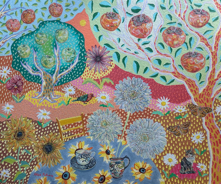 Original oil Lanscape, Still life, birds — "Afternoon Tea" · 92 × 76 cm by Alice Pulvers