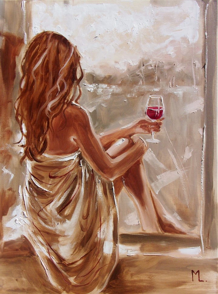 Original oil on canvas women, window, view, Brown — "" MY VIEW WITH RED WINE "" · 60 × 80 cm by Monika Luniak