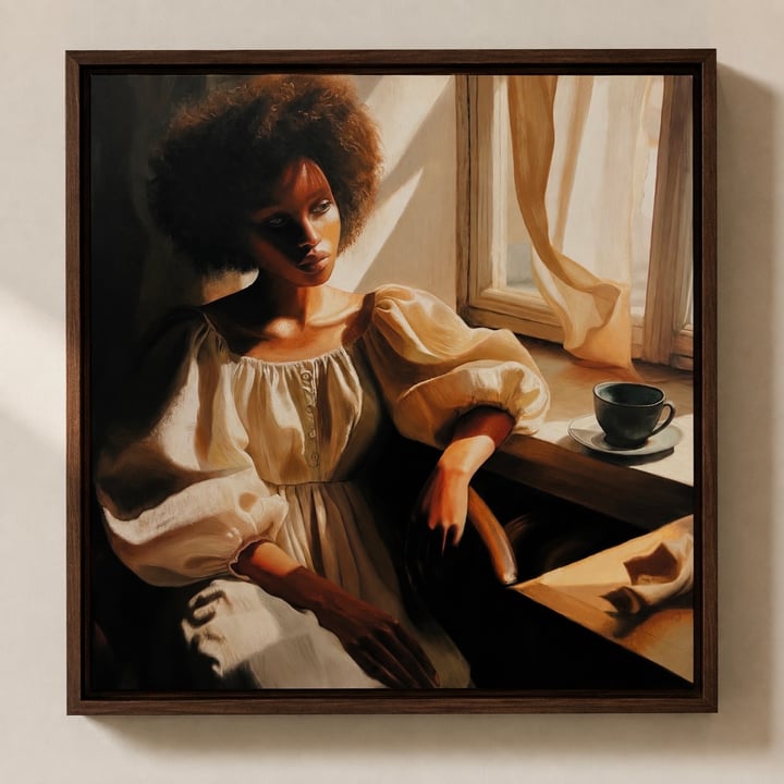 Original oils Portrait, Cream / Beige — "Where the Light Falls" · 92 × 92 cm by Harriet Heald