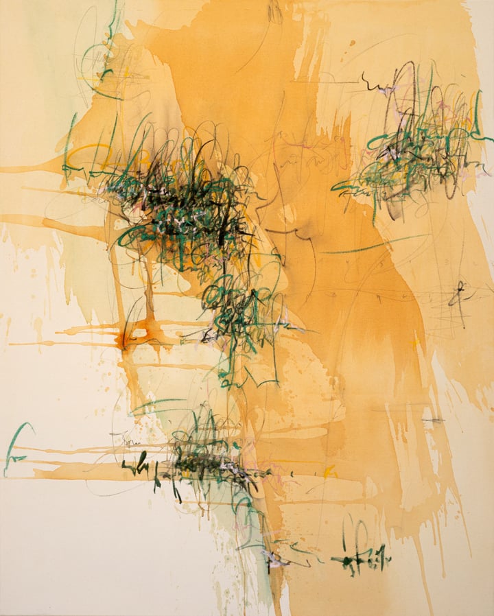 Original acrylic, pastels, graphite, chalk and oil stick on canvas Language, gestural marks, Yellow — "Tangible ambiguity" ·…