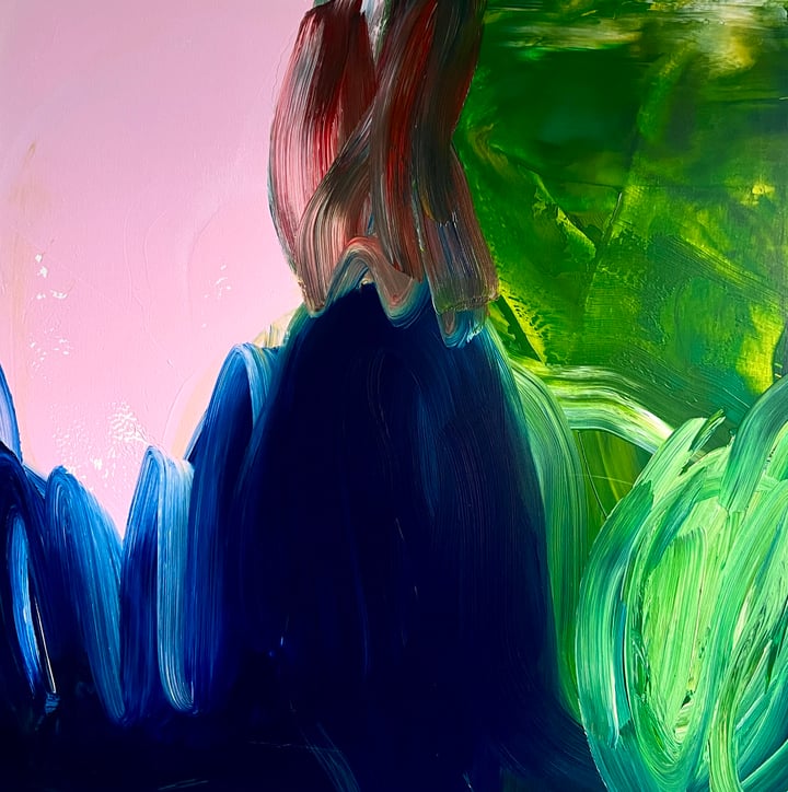 Original acrylic abstract — "PINK SKY AND BLUE HILLS" · 100 × 100 cm by Monica Maja Richardson