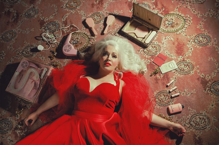 Original archival pigment print Portrait, Red — "The Beauty Clock" · 75 × 50 cm by Elisa Miller