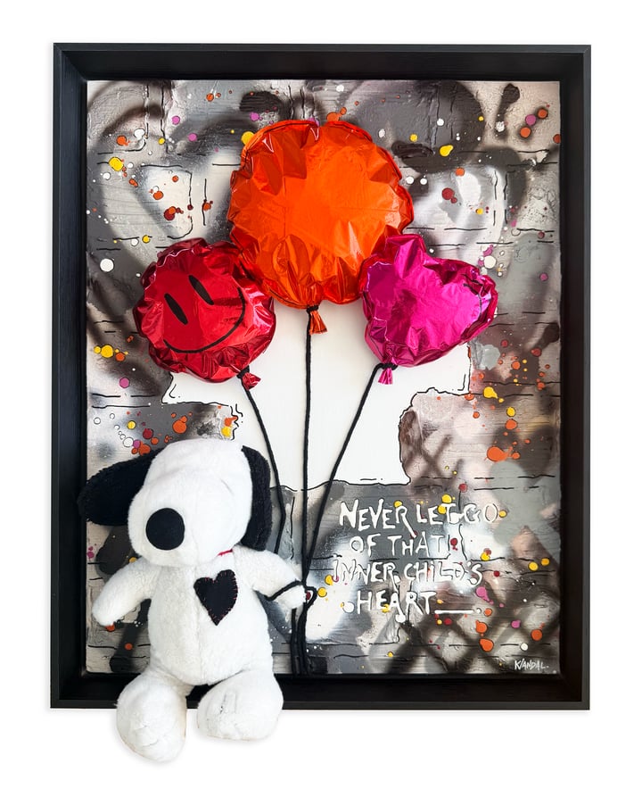 Original preloved plush toy, acrylic paint, foil balloon filled with recycled plastic Pop art, Multi-Colour — "Never let go"…