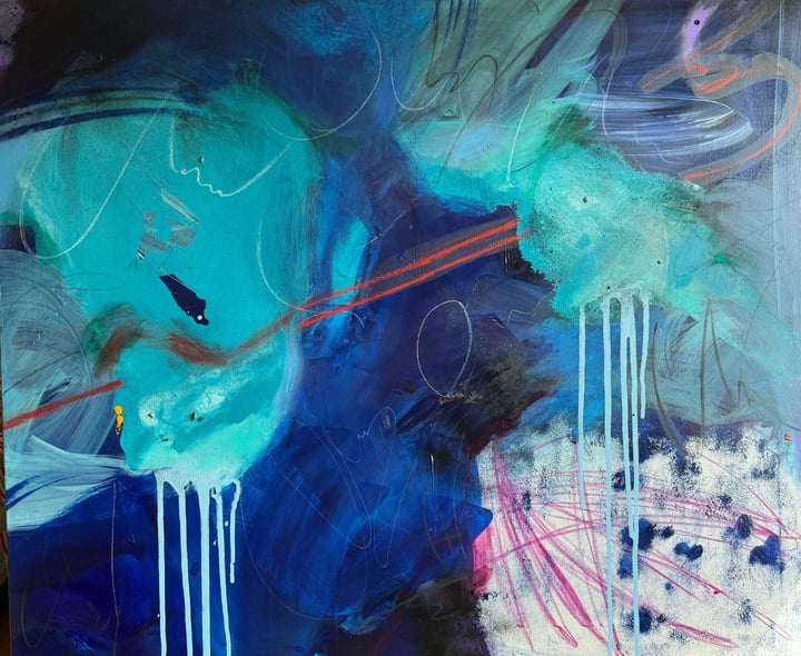 Original acrylics, pastel, ashes Love, Blue — "Sweet Disorder" · 120 × 100 cm by Pinar Civan