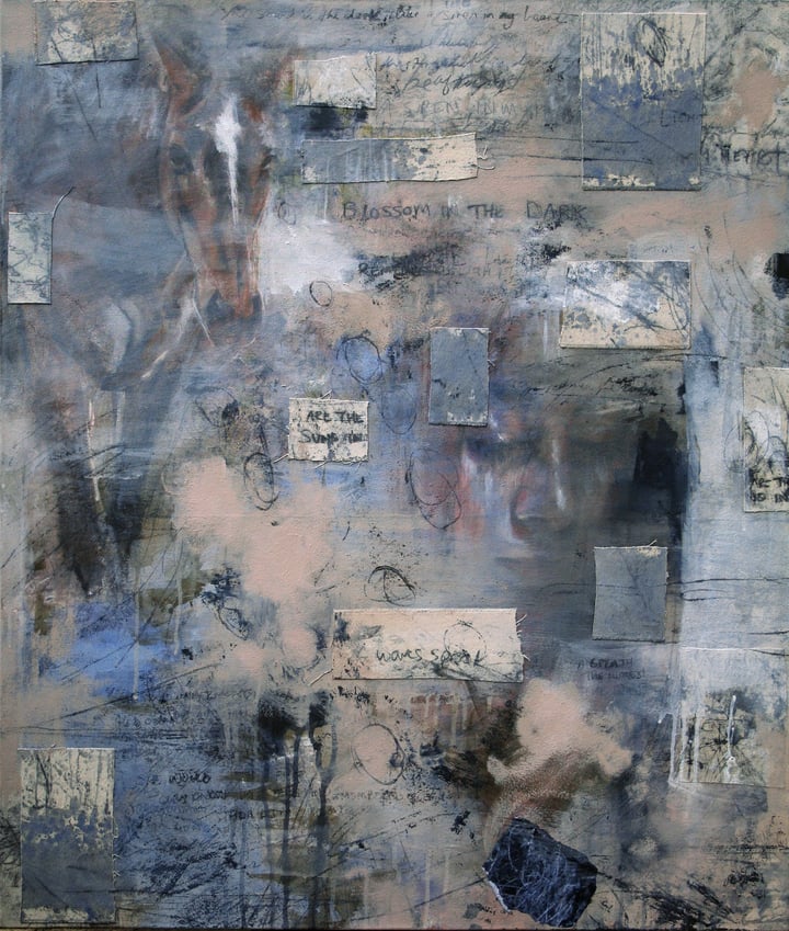 Original acrylic, collage and oil paint Portrait, Horse, Nature, Blue — "Remembered Light" · 85 × 100 cm by Toni Cogdell