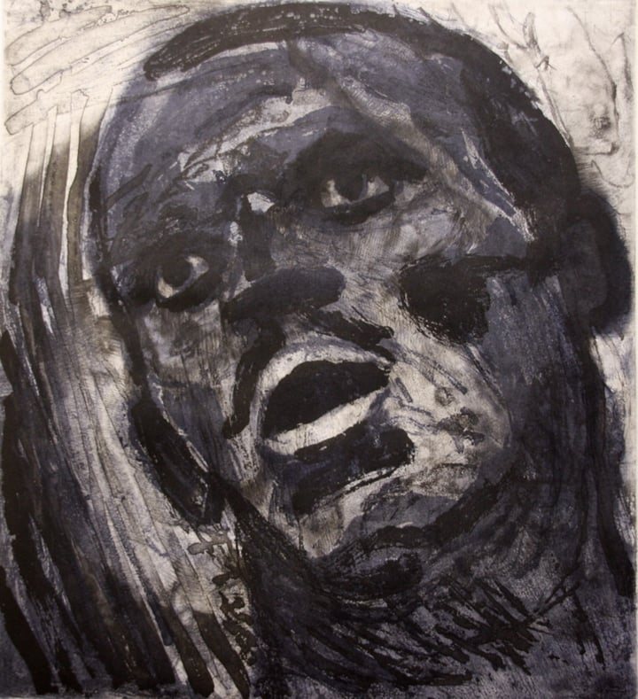 Original etching portrait, Black — "amazed" · 46 × 49.8 cm by Susanne Du toit