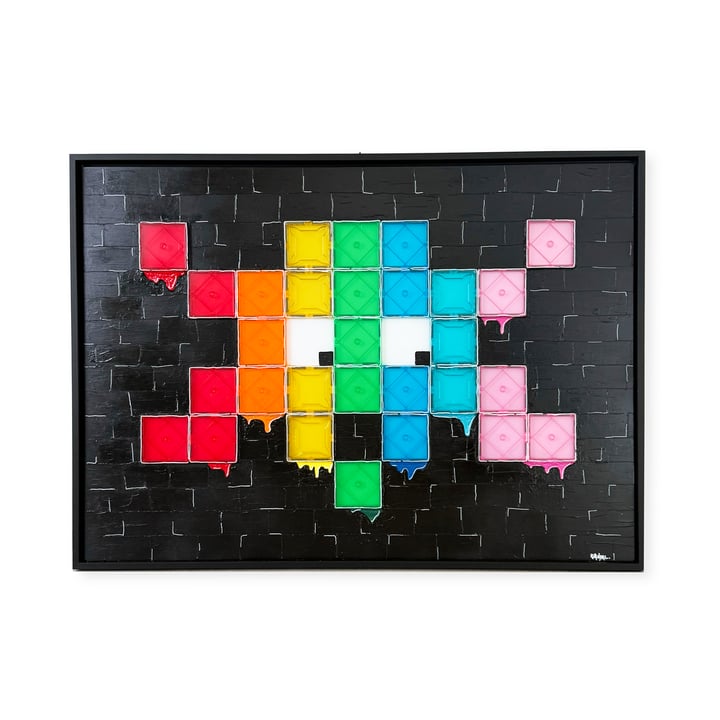 Original recycled magnetic construction tiles, acrylic paint, led panel, wooden frame 80's nostalgia, Multi-Colour — "Space…
