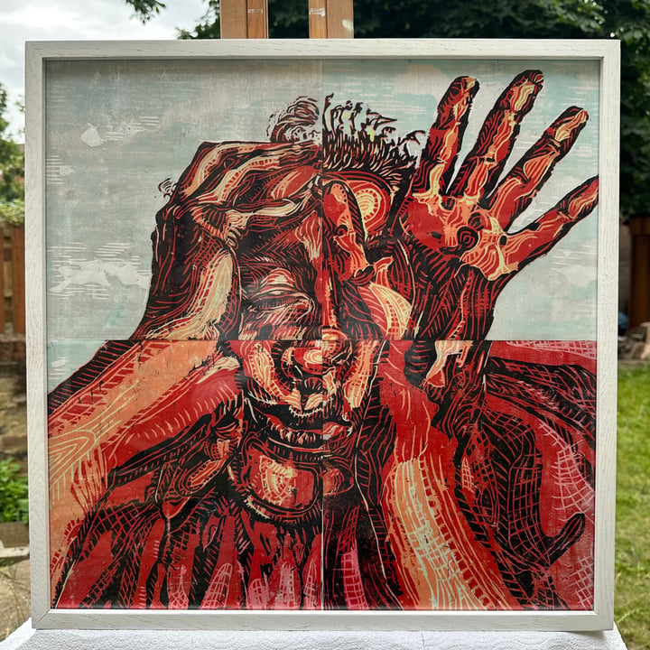 Original woodcut reduction Self portrait, Red — "Endings are Beginnings - Curation of 4 Tiles" · 50 × 50 cm by Emily Grenvil…