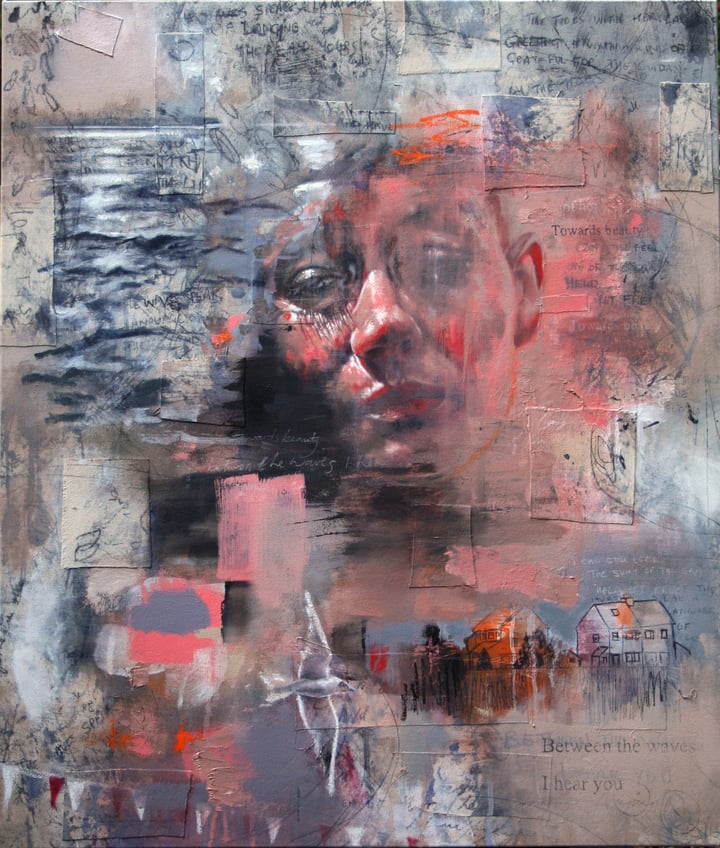 Original acrylic, spray paint, collage, oil paint and oil stick on canvas Portrait, Landscape, Seascape, Nature, Pink — "Bet…