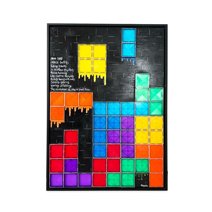 Original recycled magnetic building tiles, acrylic paint on a led panel. wooden frame 80's nostalgia, Multi-Colour — "Tetris…
