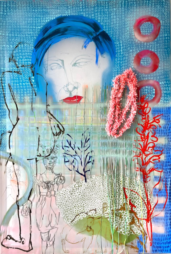 Original mixed medua, acryl, pigment, paper, wool, etc. Portraits abstract, Multi-Colour — "Heiter bis Wolkig / Sunny to clo…