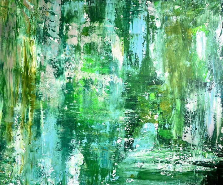 Original acrylic and spray paint abstract — "THE ENCHANTED FOREST" · 185 × 135 cm by Monica Maja Richardson
