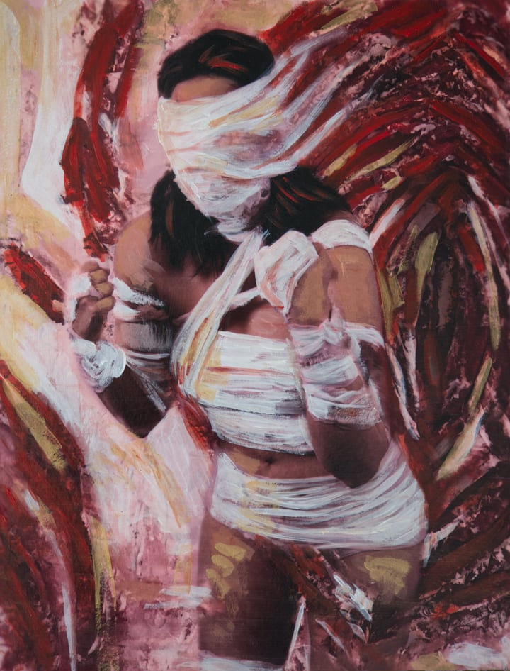 Original mixed media: acrylic and photography on fine art baryta paper, color, body, women , immigration, identity,, Cream /…
