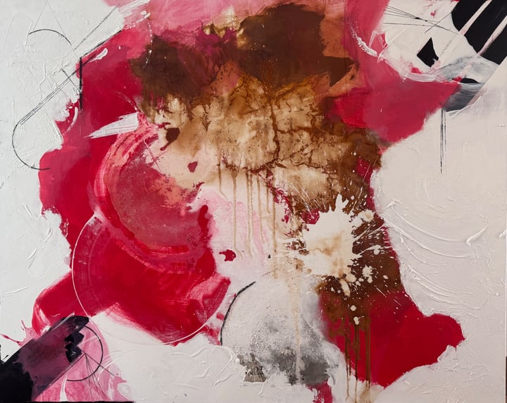 Original acrylics, rust, oil, crayon Passion, Red — "This is About This Moment" · 150 × 120 cm by Pinar Civan