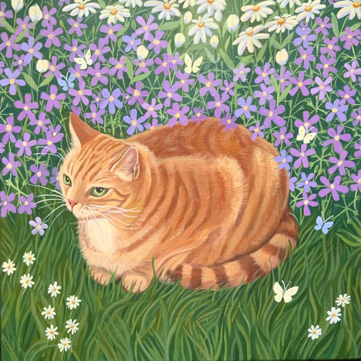 Original acrylic on canvas Animal, floral, landscape, Green — "Ginger Cat in summer garden" · 40 × 40 cm by Mary Stubberfield
