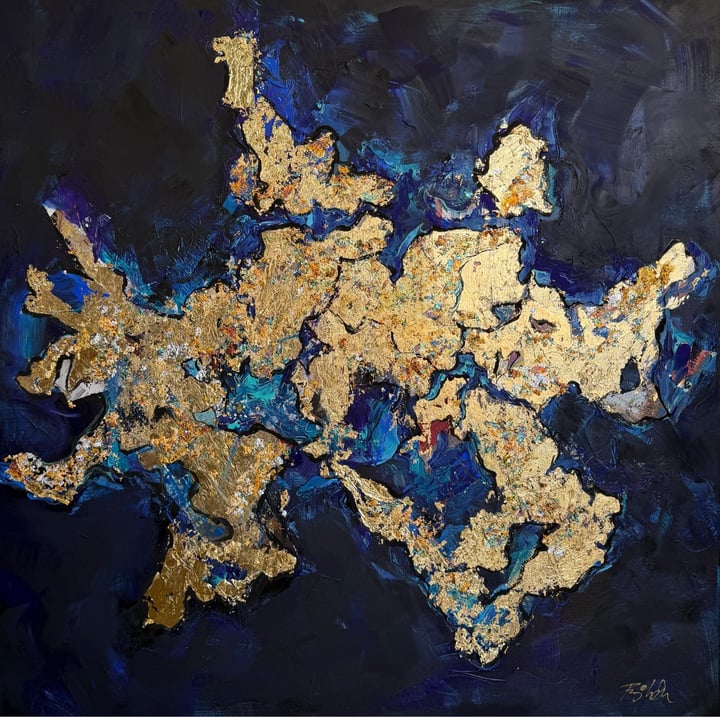 Original acrylic paint, collage, gold foil Abstract — "Echoes of Marcin" · 89 × 89 cm by Iren Puj