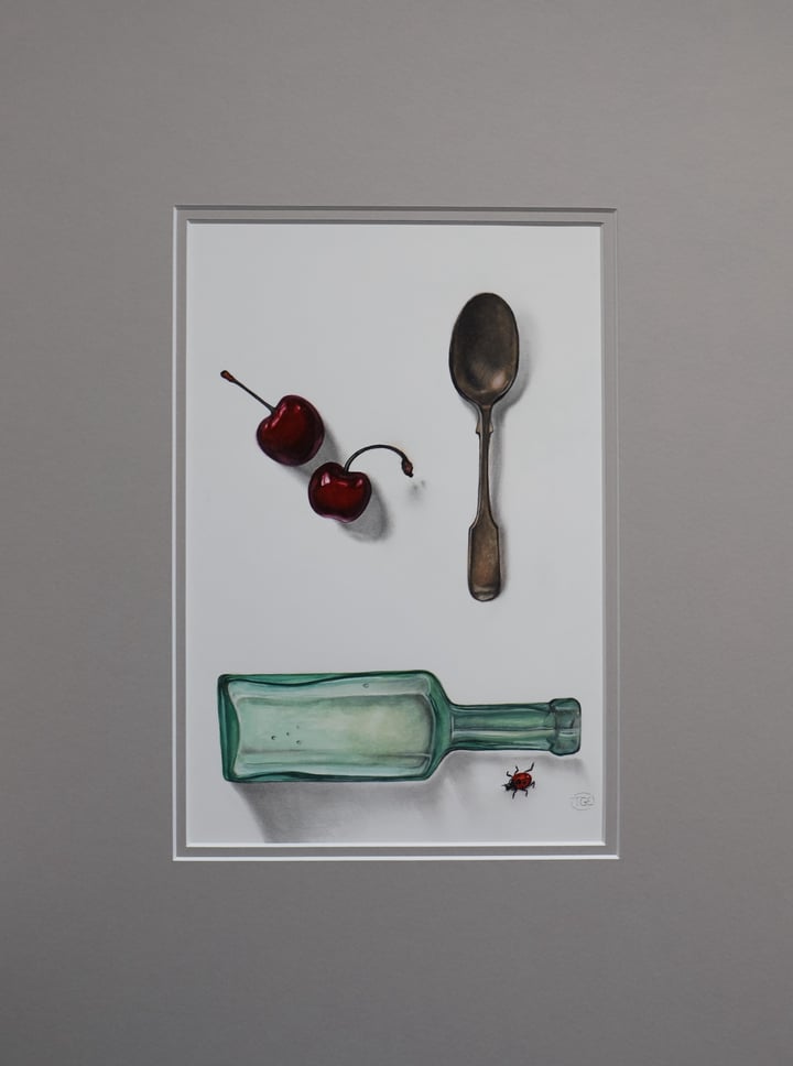 Original graphite, watercolour Collectables, nature, fruit, insects, Cool Tones — "Aqua glass, spoon, cherries & ladybird" ·…