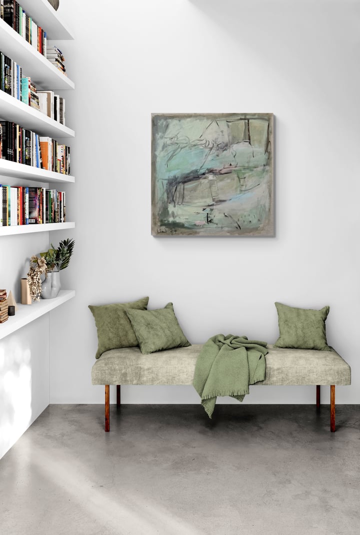 Original oil on canvas abstract, Green — "Carried Away" · 100 × 100 cm by Petra Schott