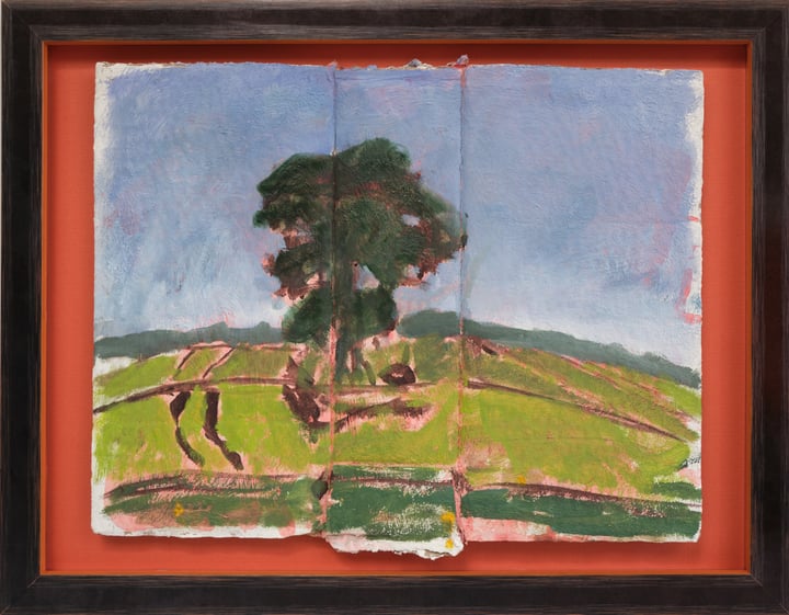 Original oil on gesso'd cardboard Landscape, Orange — "Not Far Away" · 43 × 34 cm by Lucy Gow