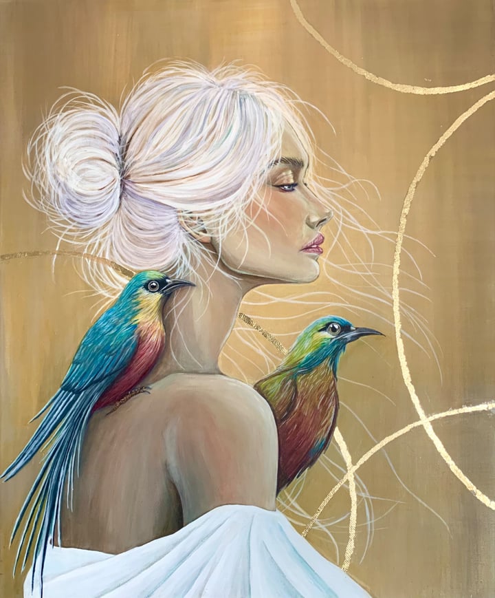 Original acrylic and watercolor on canvas Portrait, Cream / Beige — "Blue birds" · 46 × 55 cm by Kelly Journet