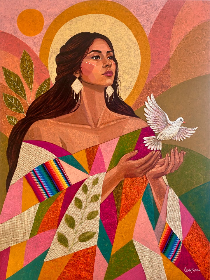 Original acrylic, hand embroidery, recycled jute, aguayo textile Woman, portrait, Dove, Symbolism, Hope, Warm Tones — "In He…