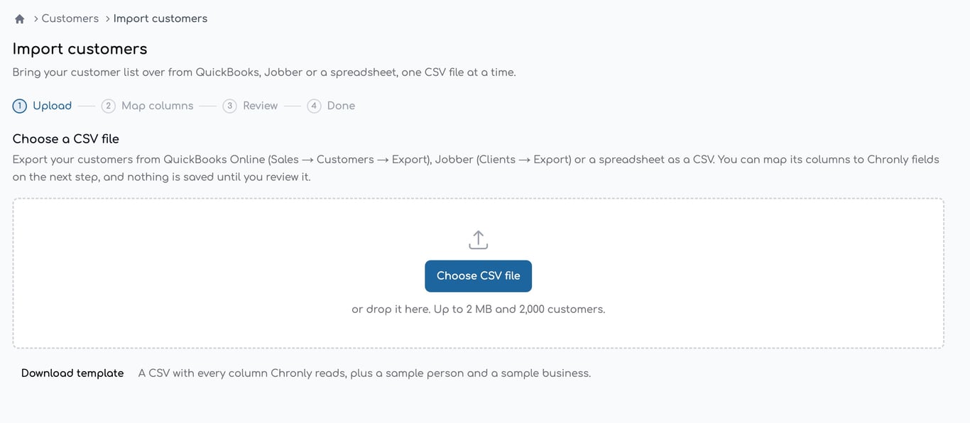 Import customers screen with a CSV upload area and a download template link