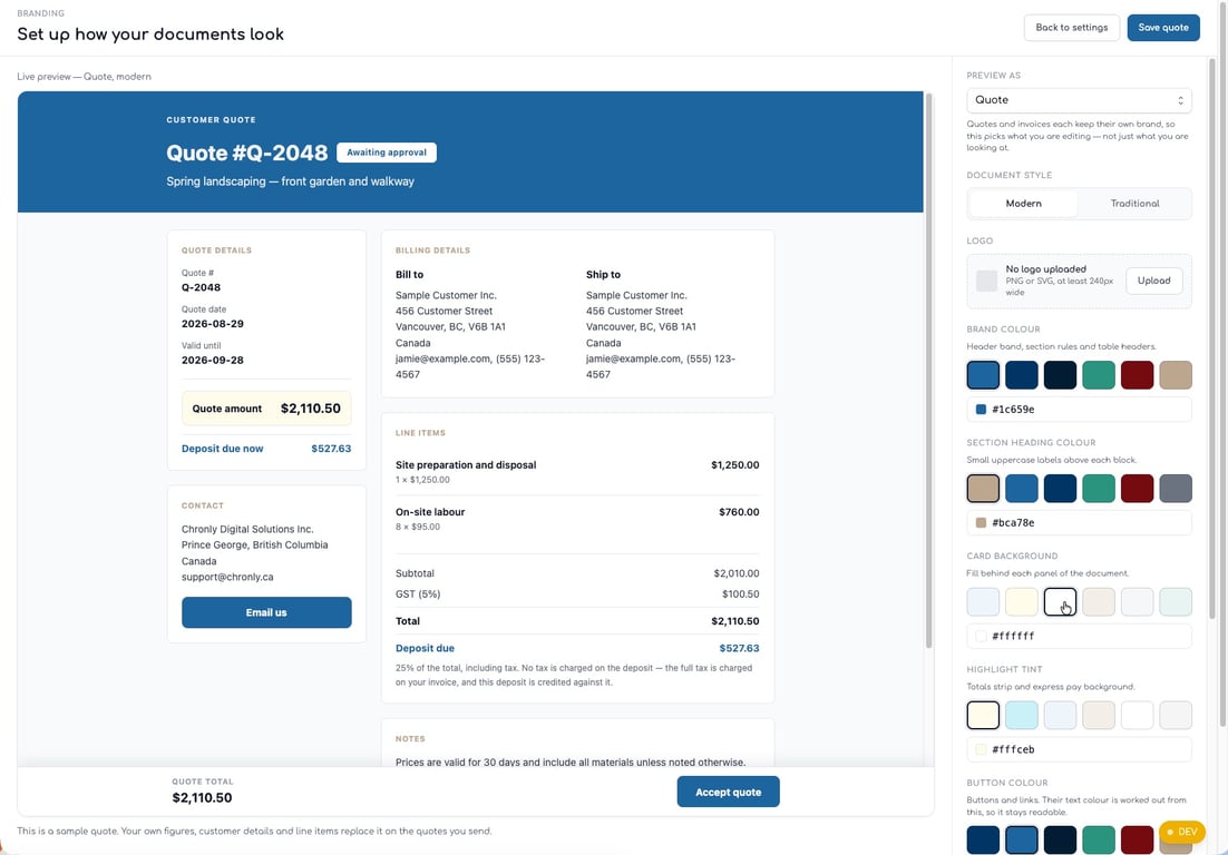 Branding screen showing invoices selected with the traditional document style chosen